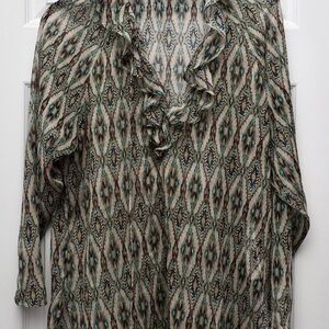 Massimo Dutti Geometric Ruffle Blouse - Black, Green, Cream